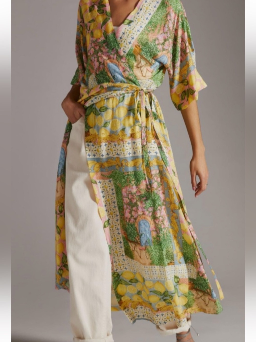 Aldo Martins Abstract Print Knit Tie Waist Midi Cardigan Dress Floral Lemons O/S